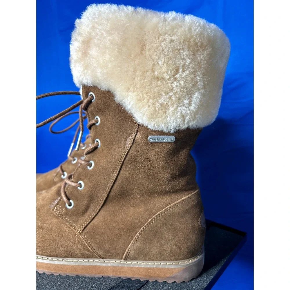 Emu Australia Womens Oak Brown Shoreline Waterproof Suede Boot Sz 9 Winter Fur